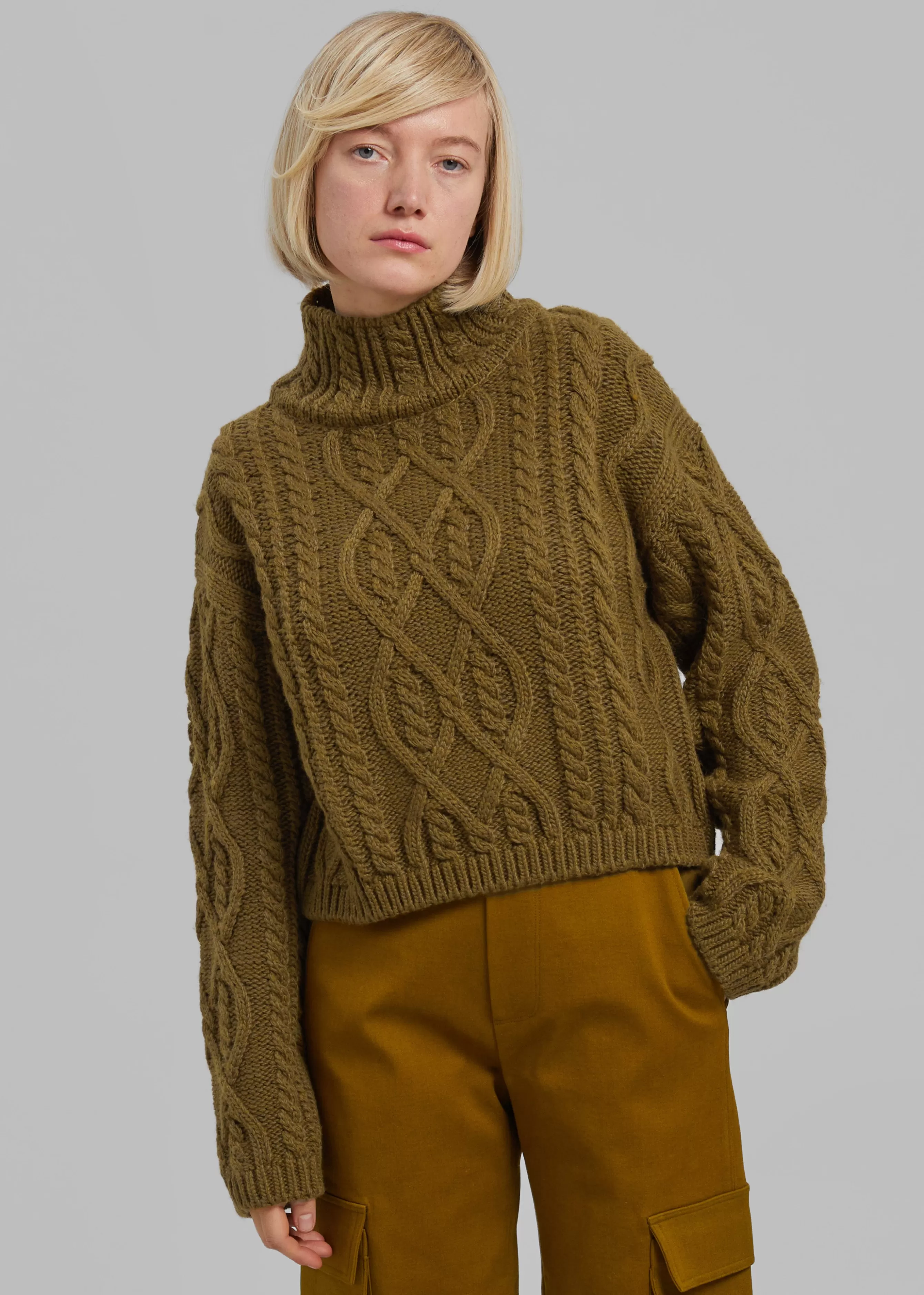 Women The Frankie Shop Devi Cable-Knit Mock Neck Sweater