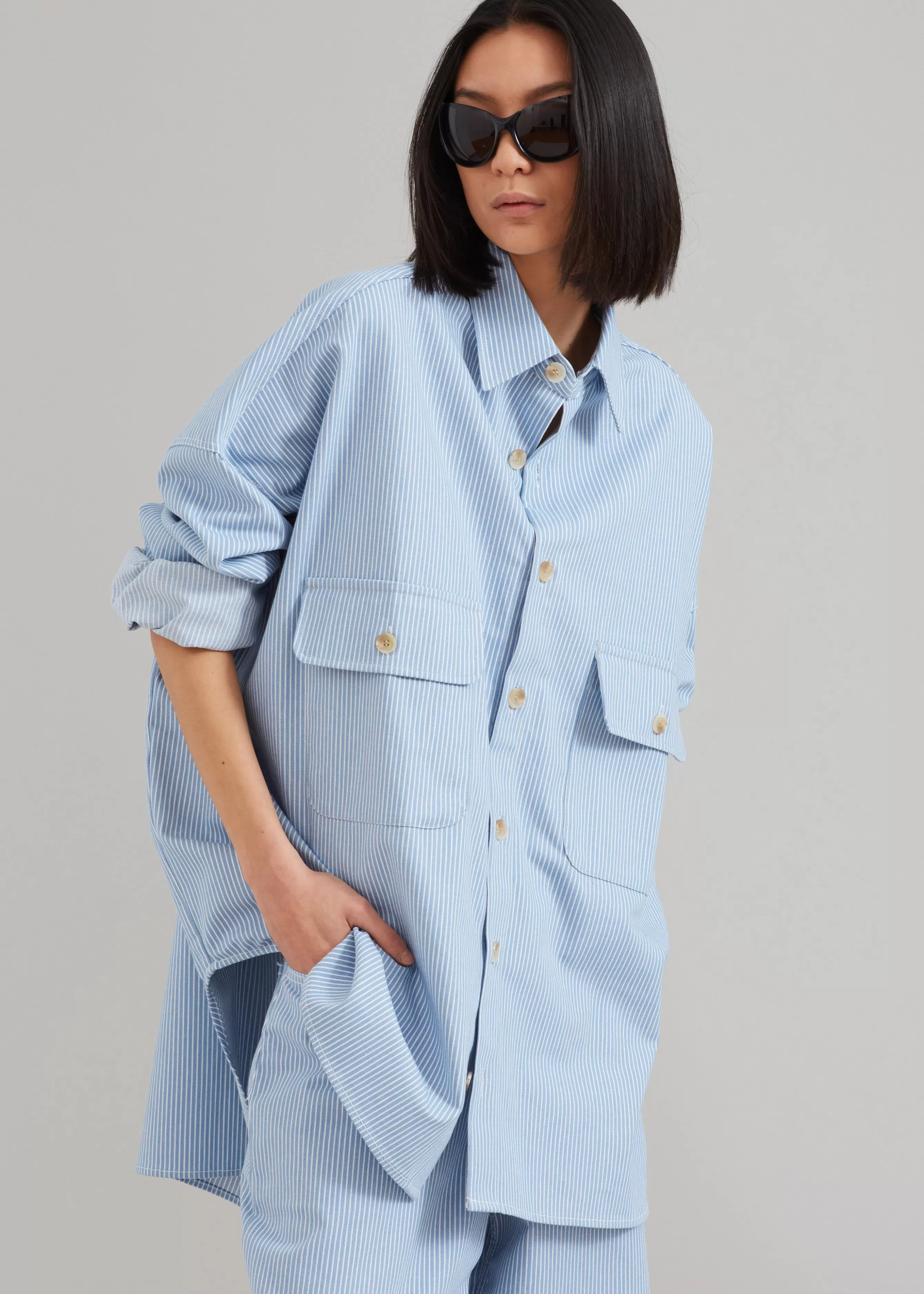 Women The Frankie Shop Kaline Light Blue Pocket Shirt